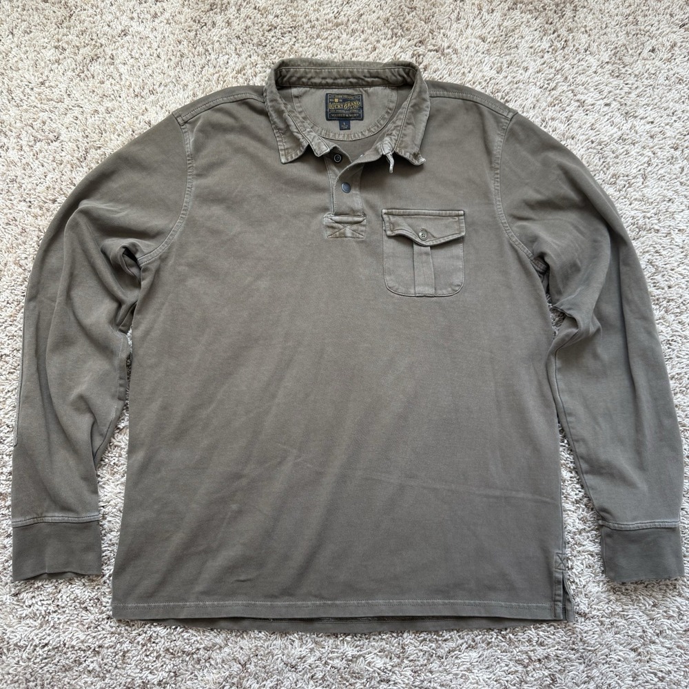 Lucky Brand Men's Washed & Worn Sueded Jersey Long Sleeve Polo Shirt Olive Large